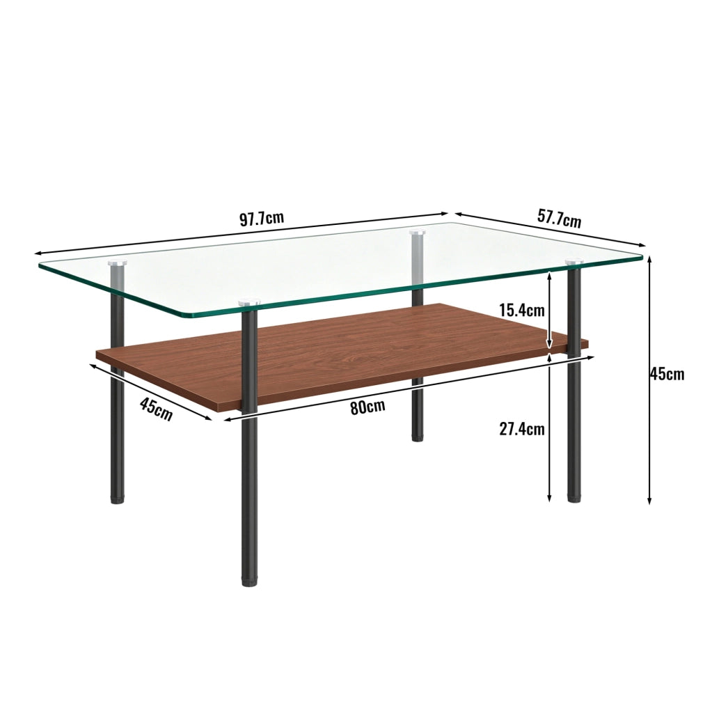 Tavolino da caffè 98x58x45 cm con piano in vetro temperato; ripiano in MDF e struttura in metallo; nero marrone