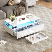Tavolino da caffè 90 x 45 x 35,5 cm bianco lucido con vassoio estraibile, 2 cassetti, LED e piano in vetro temperato