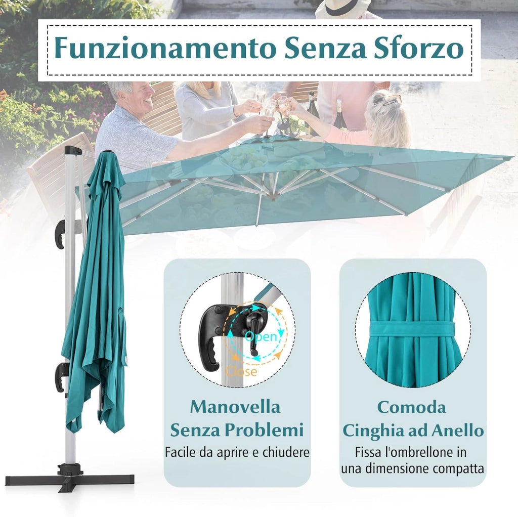 Ombrellone da Giardino 300 cm, Ombrellone Quadrato da Esterno con Rotazione a 360°, Inclinazione Regolabile, Base a Croce, 8 Stecche (Blu)