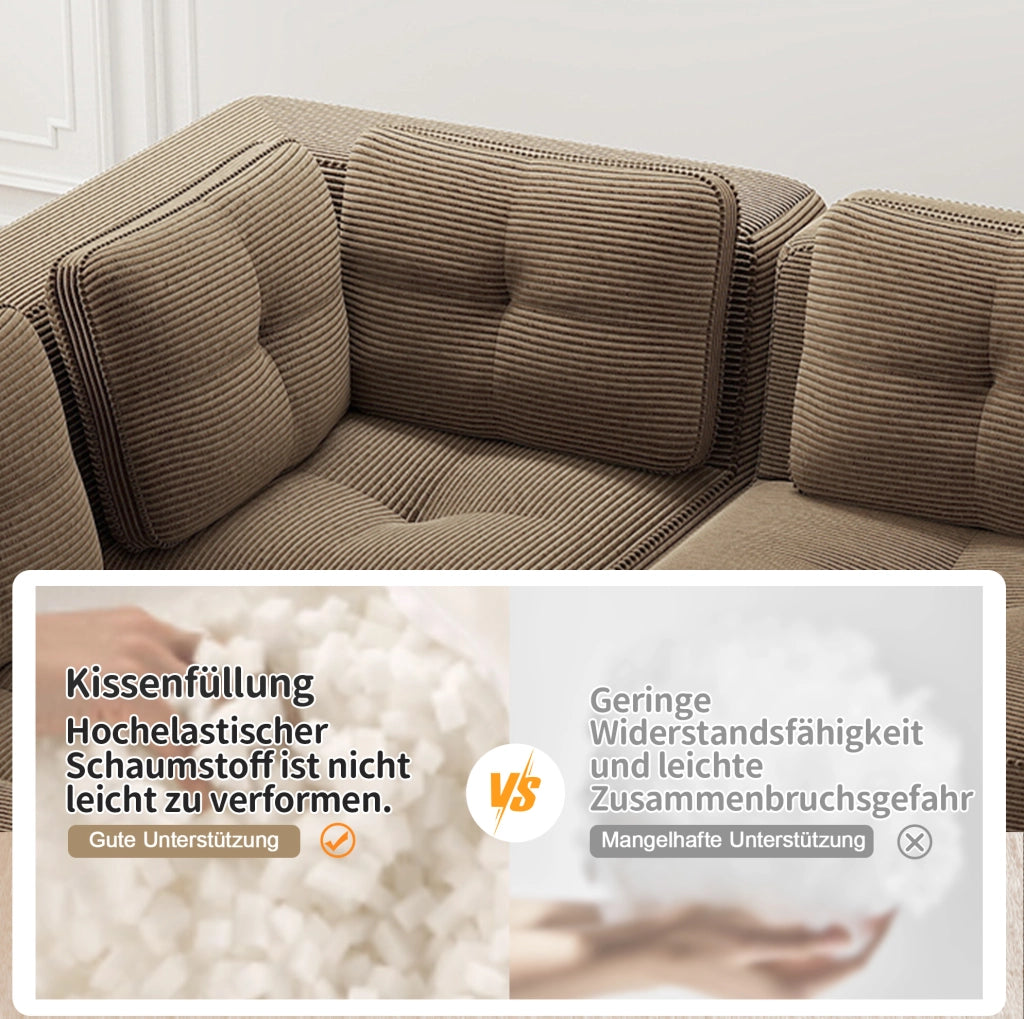 Divano angolare modulare 208x177x69 cm in velluto a coste marrone; con pouf mobile