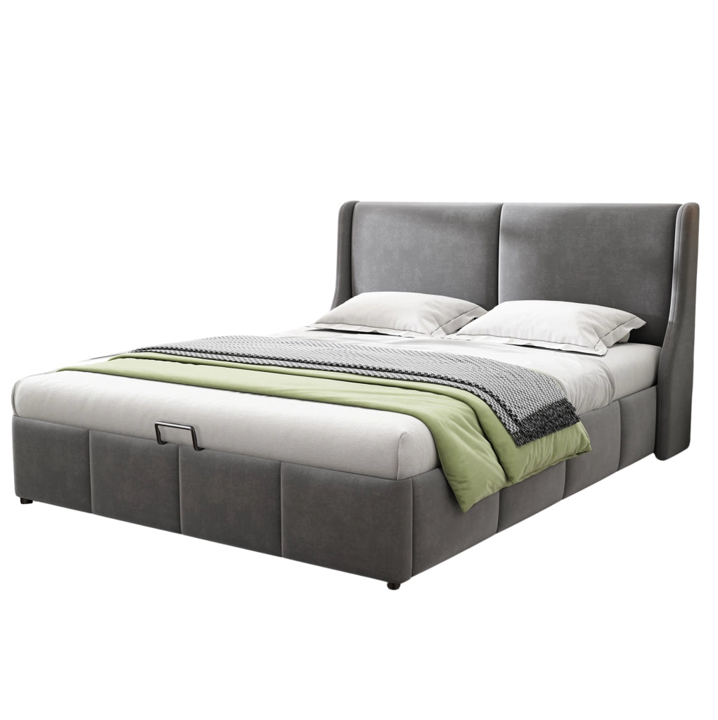 Letto imbottito con contenitore e rete a doghe 140x200 cm in velluto grigio