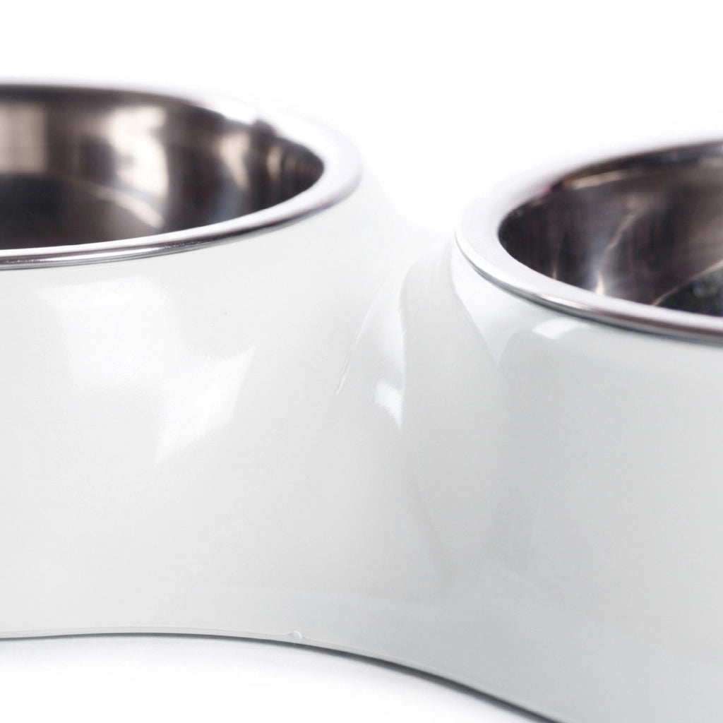 Ciotola Doppia per Cani e Gatti con 2 Vaschette in Acciaio Inox da 0,8 L, Dispenser Acqua e Cibo, Base in Plastica Resistente, 20,5 x 20,5 x 6 cm Bianco