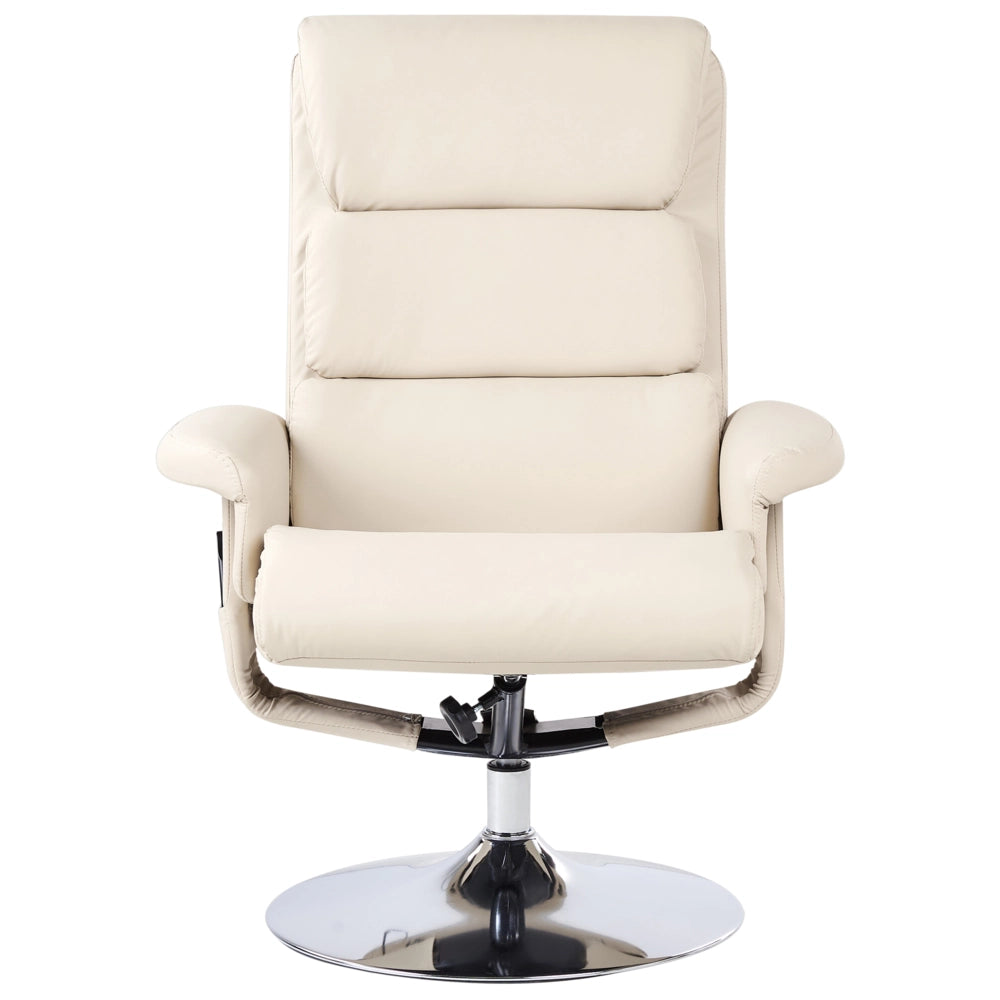 Poltrona reclinabile beige chiaro con poggiapiedi struttura in metallo imbottita in ecopelle funzione massaggio riscaldata design retrò