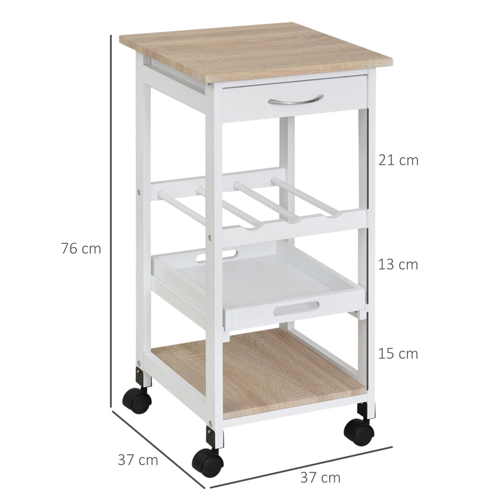 Carrello da cucina con ruote 2 ripiani + vassoio amovibile + cassetto ¨C zephmum ¨C legno di pino bianco quercia chiaro