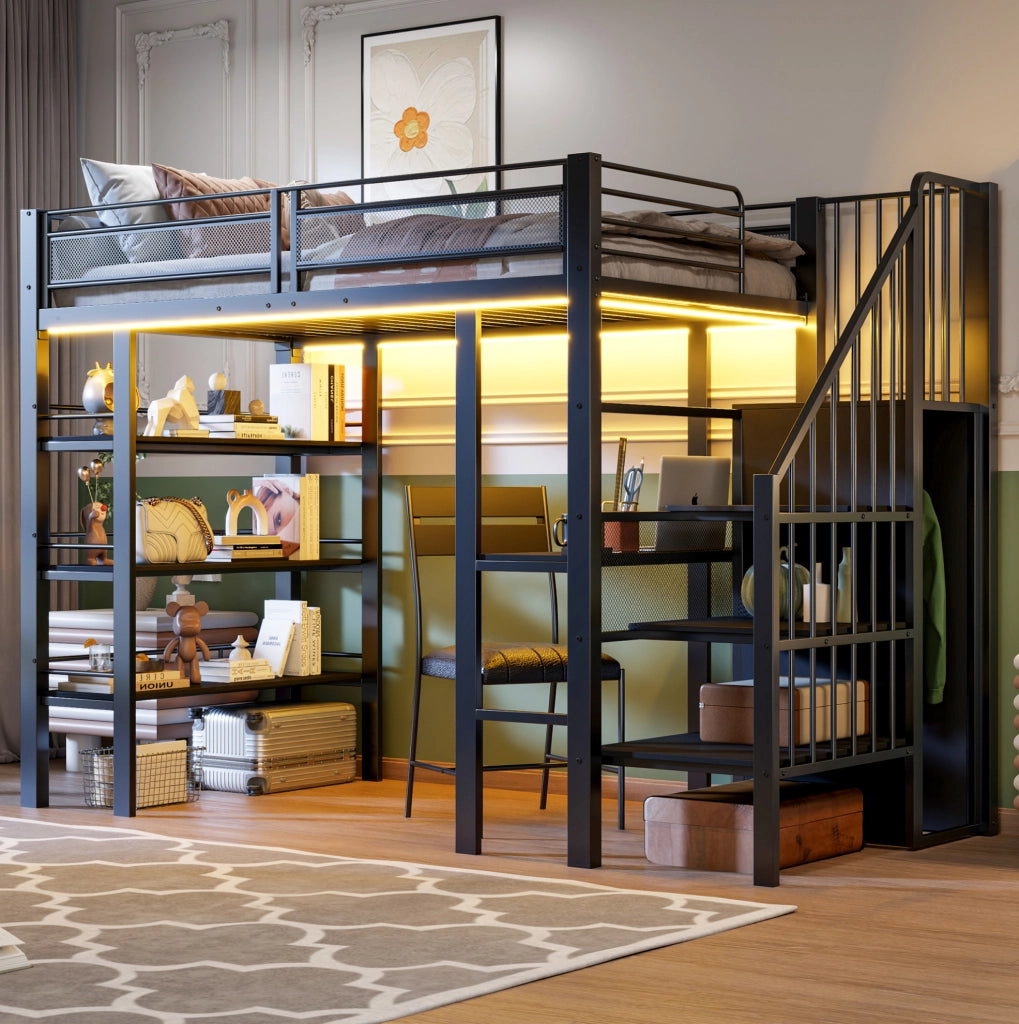 Letto a soppalco ULEVR 90x200 cm con scrivania, armadio, scaffale a 3 livelli, LED e presa, nero