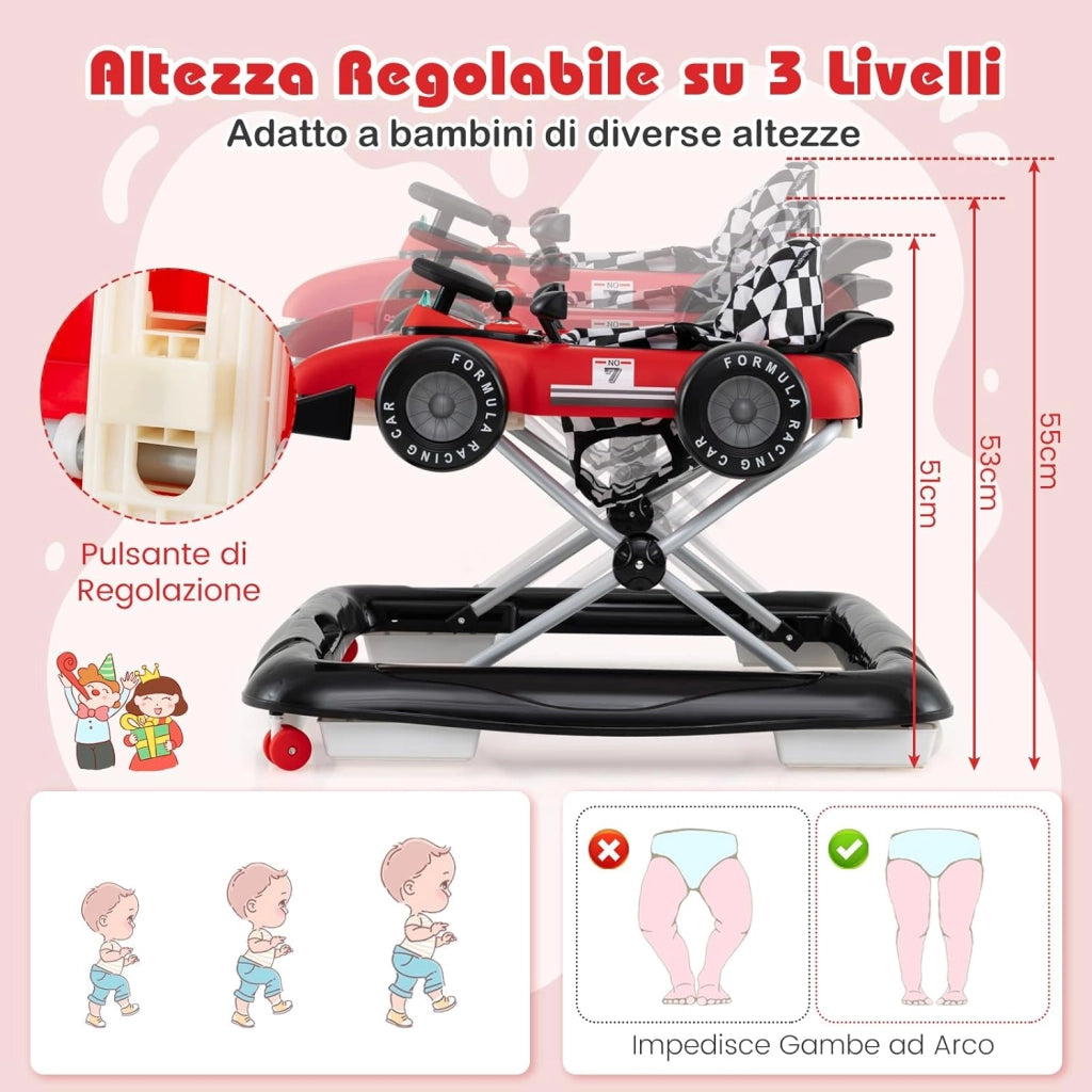 4 in 1 Girello per Bambini, Altezza Regolabile a 3 Livelli, Passeggino per Bambini, con Volante Imbottito e Scatola Musicale, Portata 12 kg, per Bambini 6-18 Mesi (Rosso)