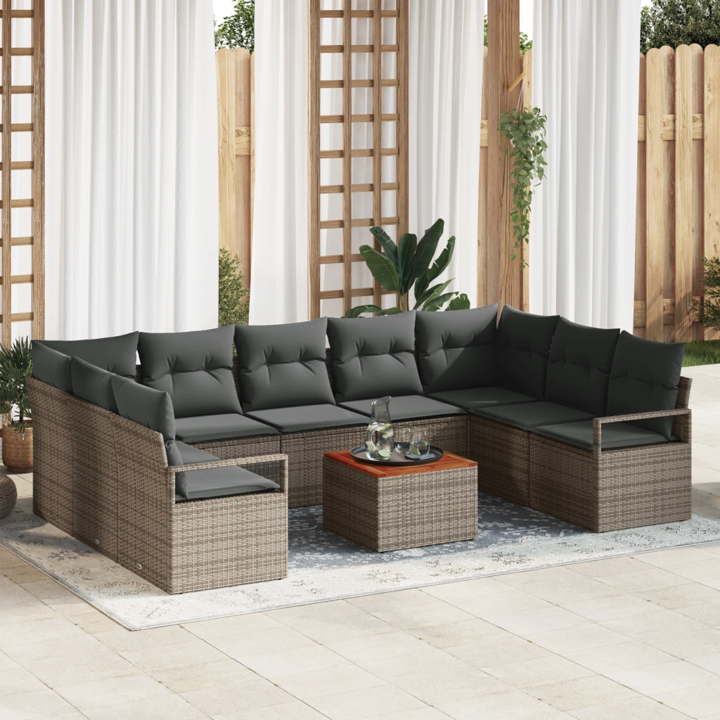 Set di Divani da Giardino  10 Pezzi con Cuscini Grigio Polyrattan Acacia