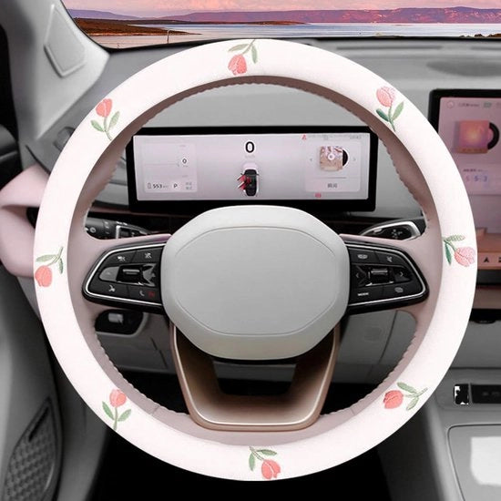 Cuscino per volante con motivo floreale per donne, accessori auto divertenti, cuscino per volante antiscivolo con decorazione a maglia, copertura per volante con motivo floreale, universale 15 pollici adatto per auto.