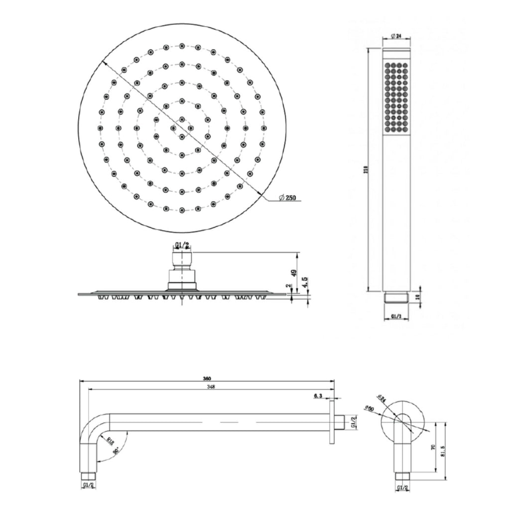 Set per doccia soffione tondo in acciaio inox 250 millimetri finitura oro *** finitura- oro lucido, confezione 1