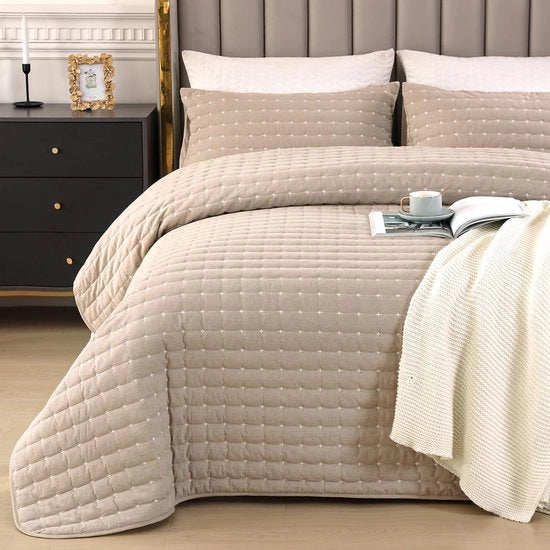 Bedsprei 240x260cm Khaki, 100% Katoenen, Ultrazachte con Bordure, 240x260, con 2 Cuscini, Duvet per Soggiorno