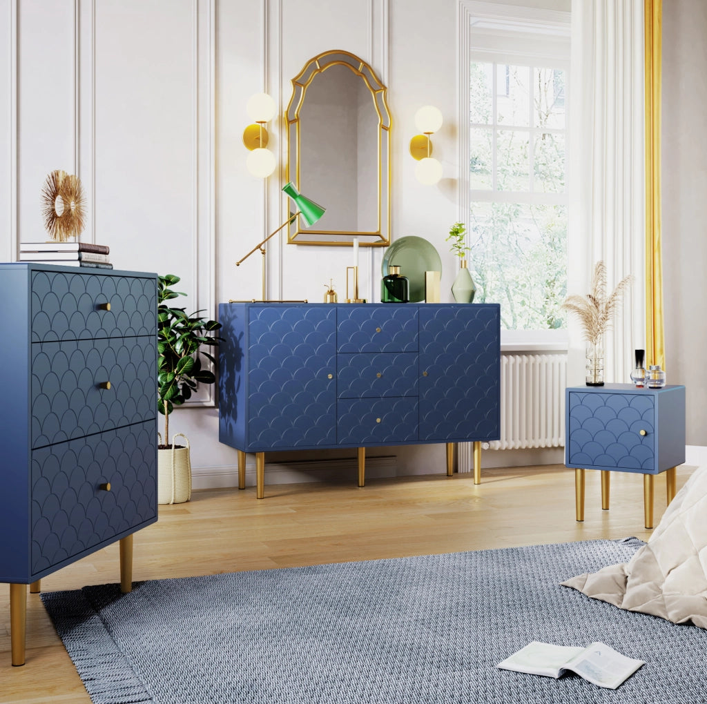 Credenza 120x40x83 cm con 2 ante; 3 cassetti e ripiano regolabile in legno e metallo blu navy