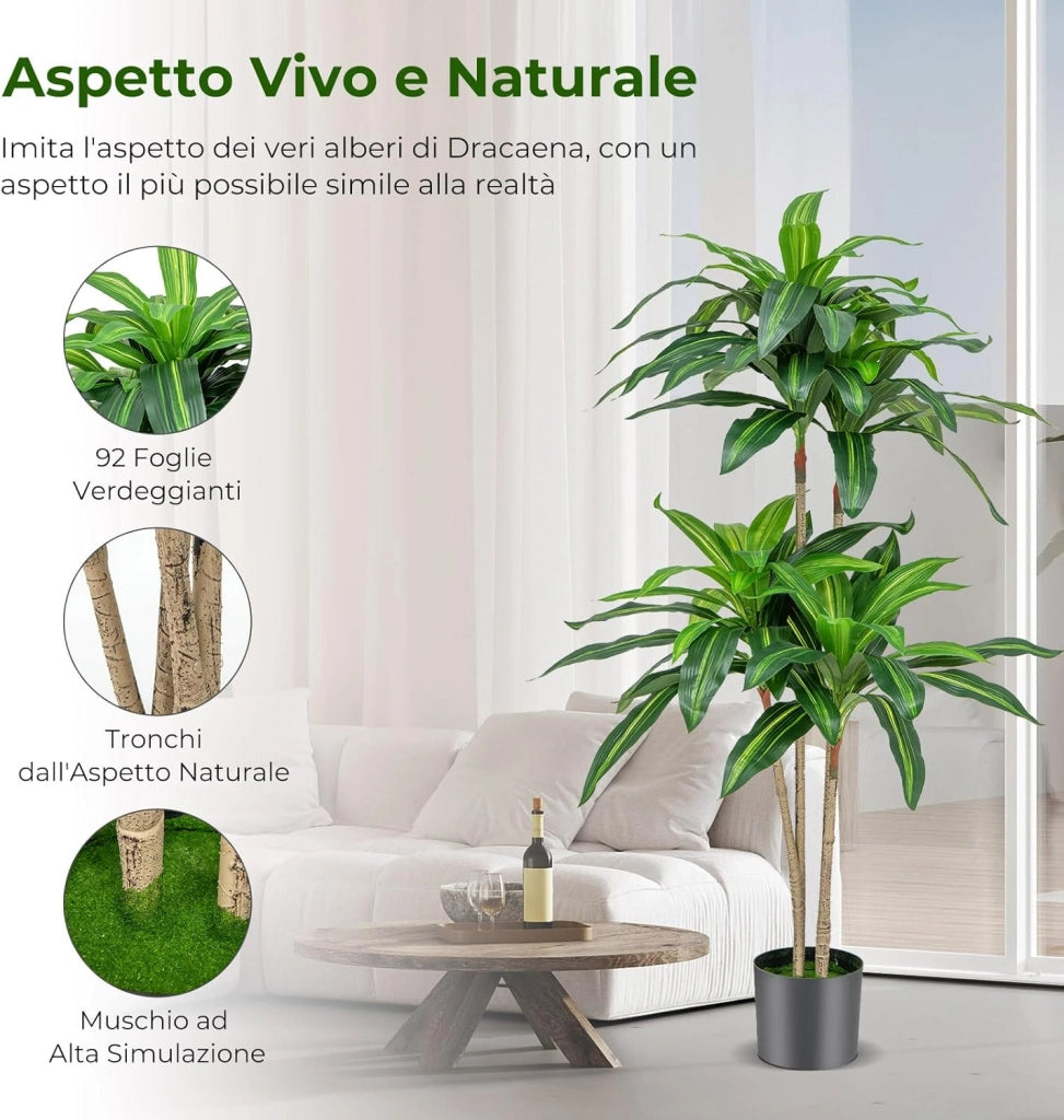 Pianta Finta Dracaena Alto 140 cm, Albero Artificialecon 92 Foglie e Vaso di Cemento Incorporato, Pianta Verde Realistica da Interno ed Esterno, Nessuna Manutenzione Richiesta