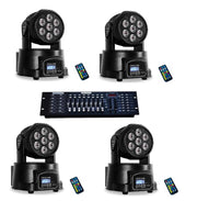 Kit 4 Proiettori Led Rgb testa mobile rotante con 7 Led WASH DMX Mixer dmx 192