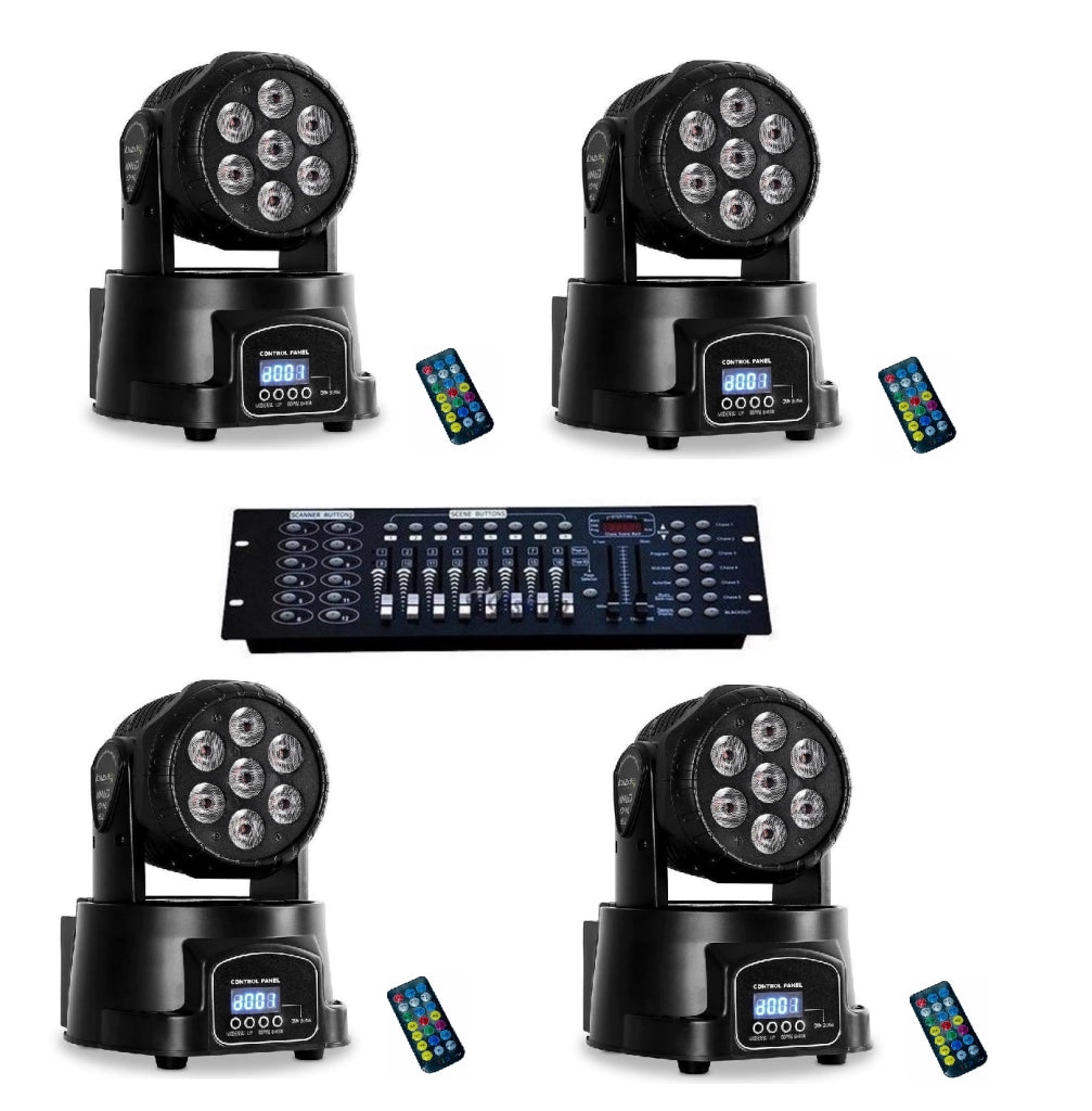 Kit 4 Proiettori Led Rgb testa mobile rotante con 7 Led WASH DMX Mixer dmx 192