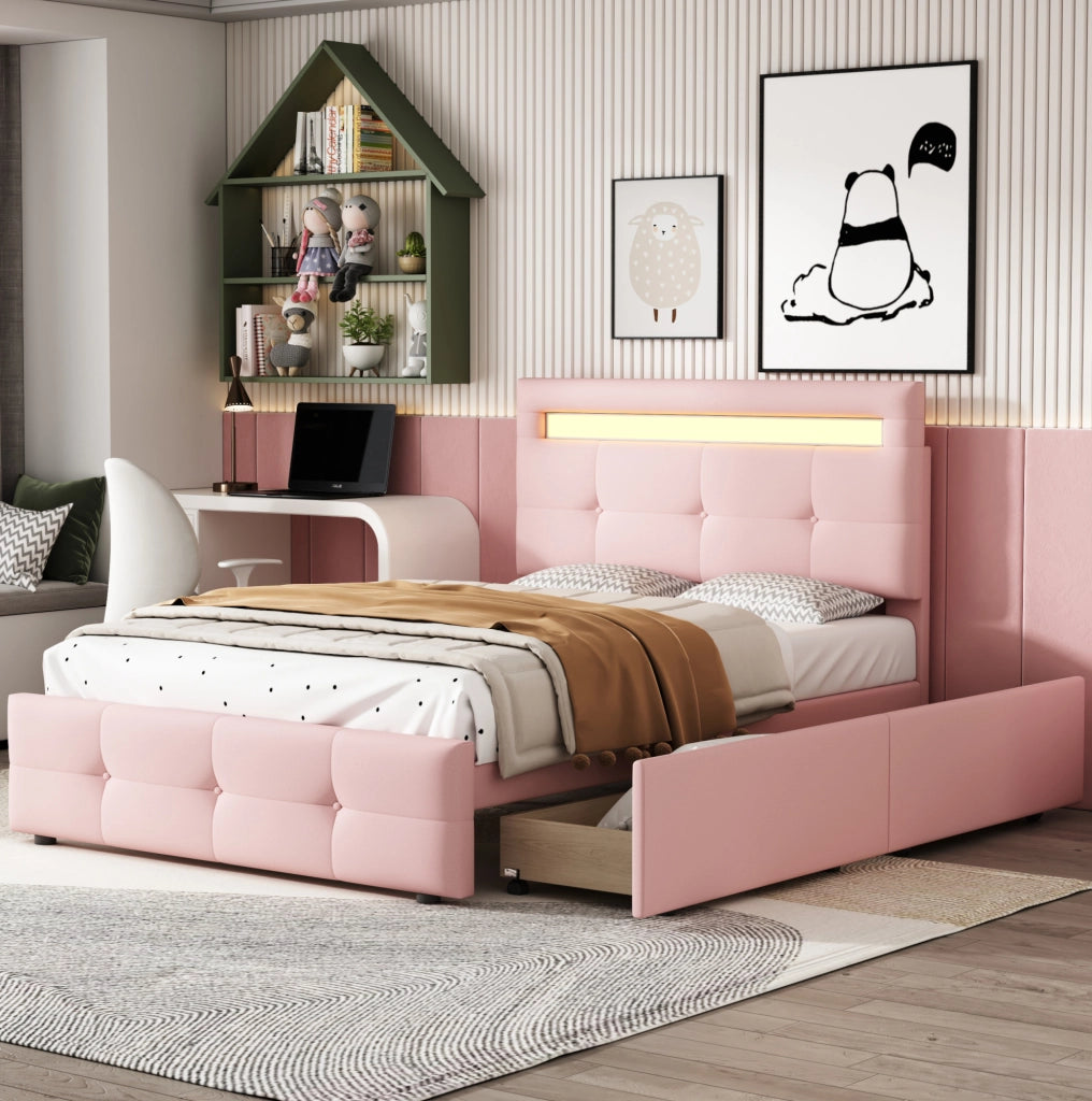 Letto singolo imbottito 90x200 cm con LED e 2 cassetti rosa