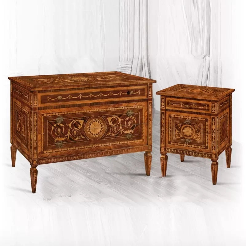 Comodino in legno 3 cassetti con intarsio l.54 p.38 h.77 - Mobili 2G