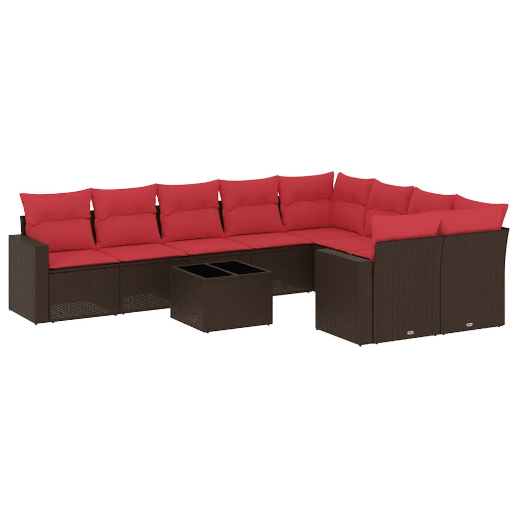 Set Divani da Giardino 10pz con Cuscini in Polyrattan Marrone
