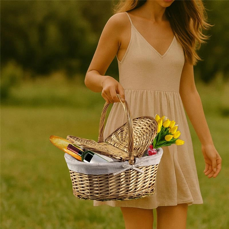CESTINO DA PICNIC OVALE IN VIMINI CON FODERA INTERNA E MANICO DIMENSIONI 44X30X19/40H CM