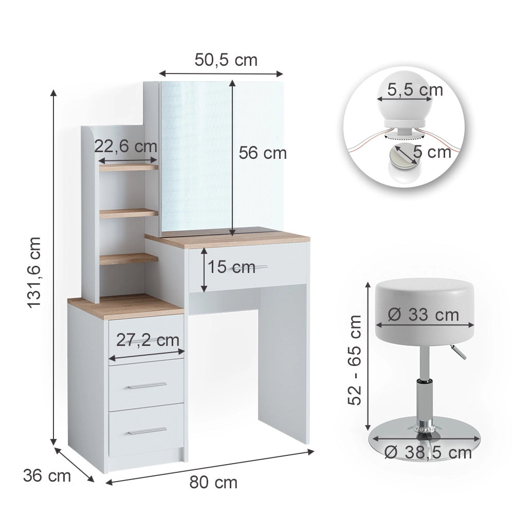 Tavolo da toeletta Conrada Bianco/Sonoma 80 cm con illuminazione LED e sgabello Vicco