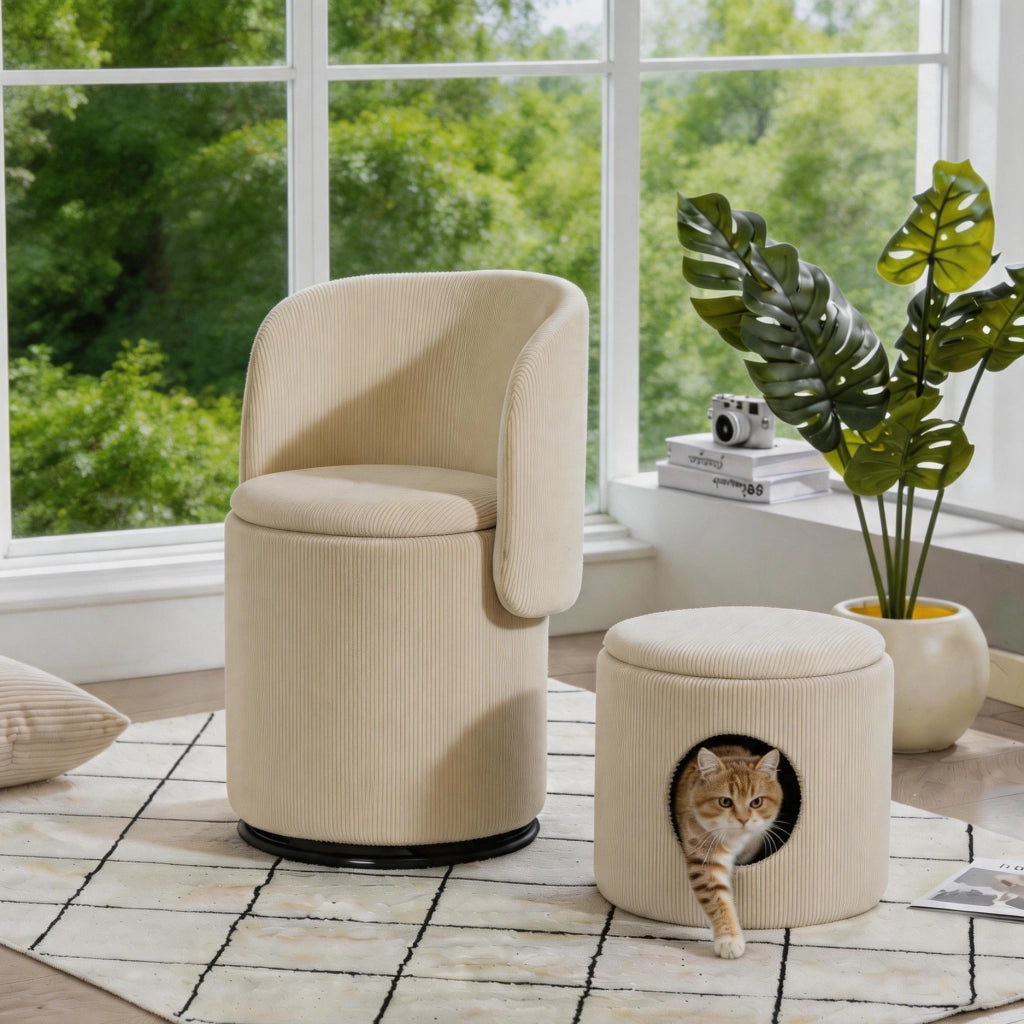 SGABELLO Girevole Contenitore 53x50x47 cm Velluto a coste Beige