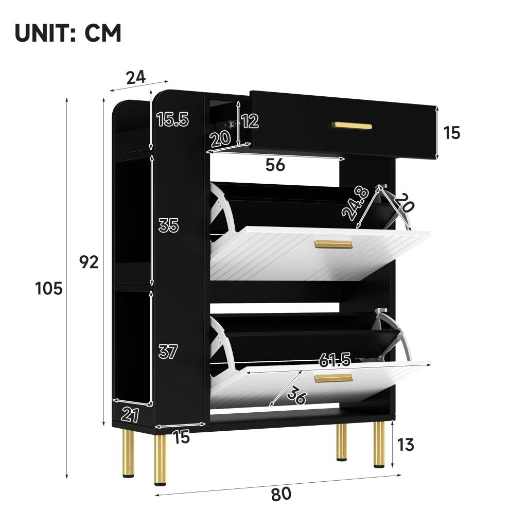 Scarpiera stretta con 2 ante ribaltabili 1 cassetto e 3 vani aperti in MDF e truciolare bianco nero 80 × 24 × 105 cm