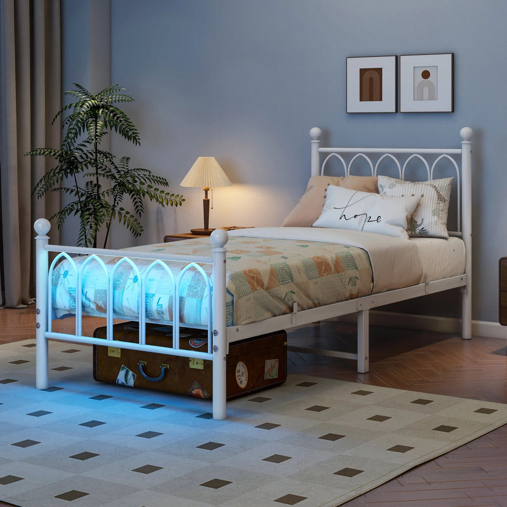 Letto singolo 90 × 200 cm con LED, 2 USB e presa, testiera alta, contenitore sotto letto, senza materasso, bianco