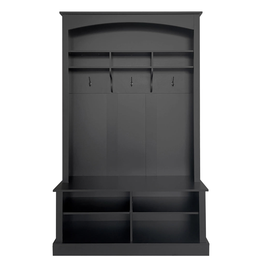 OKWISH Mobile da ingresso con panca, 3 ganci, 4 ripiani aperti e 2 ripiani regolabili, nero, 120×40×190 cm