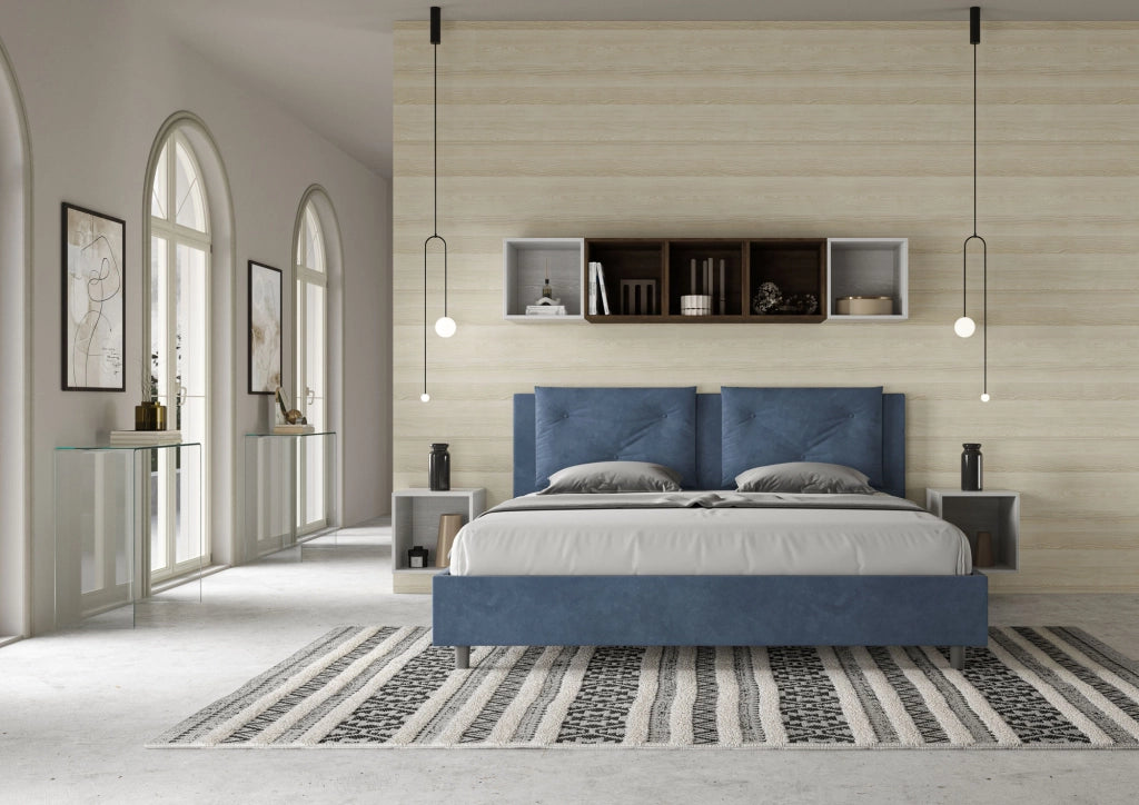 BS COM Letto contenitore imbottito 180x200 microfibra blu