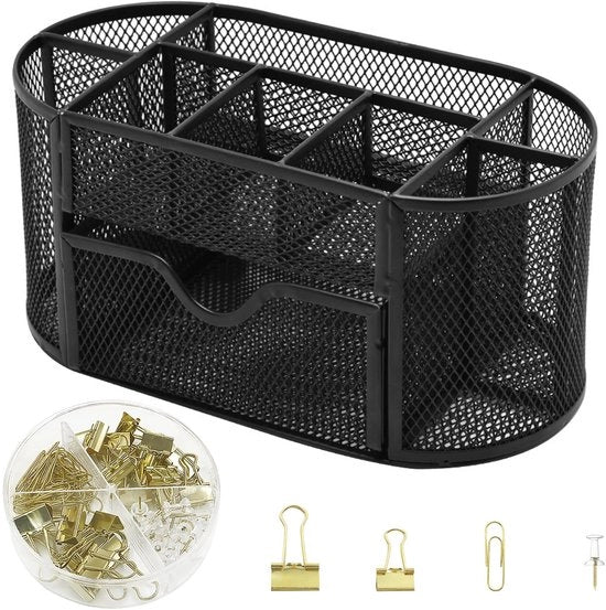 Organizzatore da scrivania a rete con 9 compartimenti e chiodi da cartone, set 4-in-1, spazioso per bambini della scuola elementare, studenti o personale di ufficio (metallicamente nero)