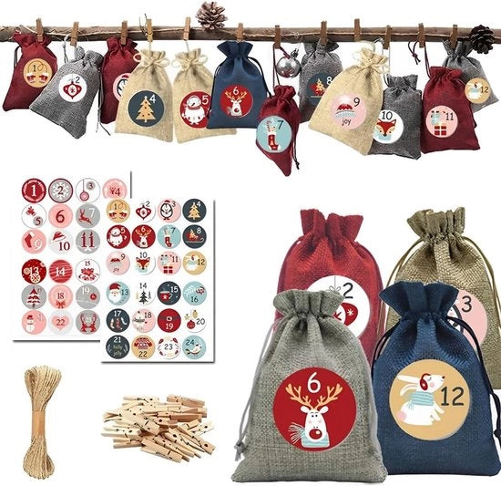 Calendario di Natale 24 pezzi - Sacchetti di decorazione natalizia/Juta - Etichette numeriche - Riciclabile - Respiro - Incluso chiodo in legno - Sacchetti regalo