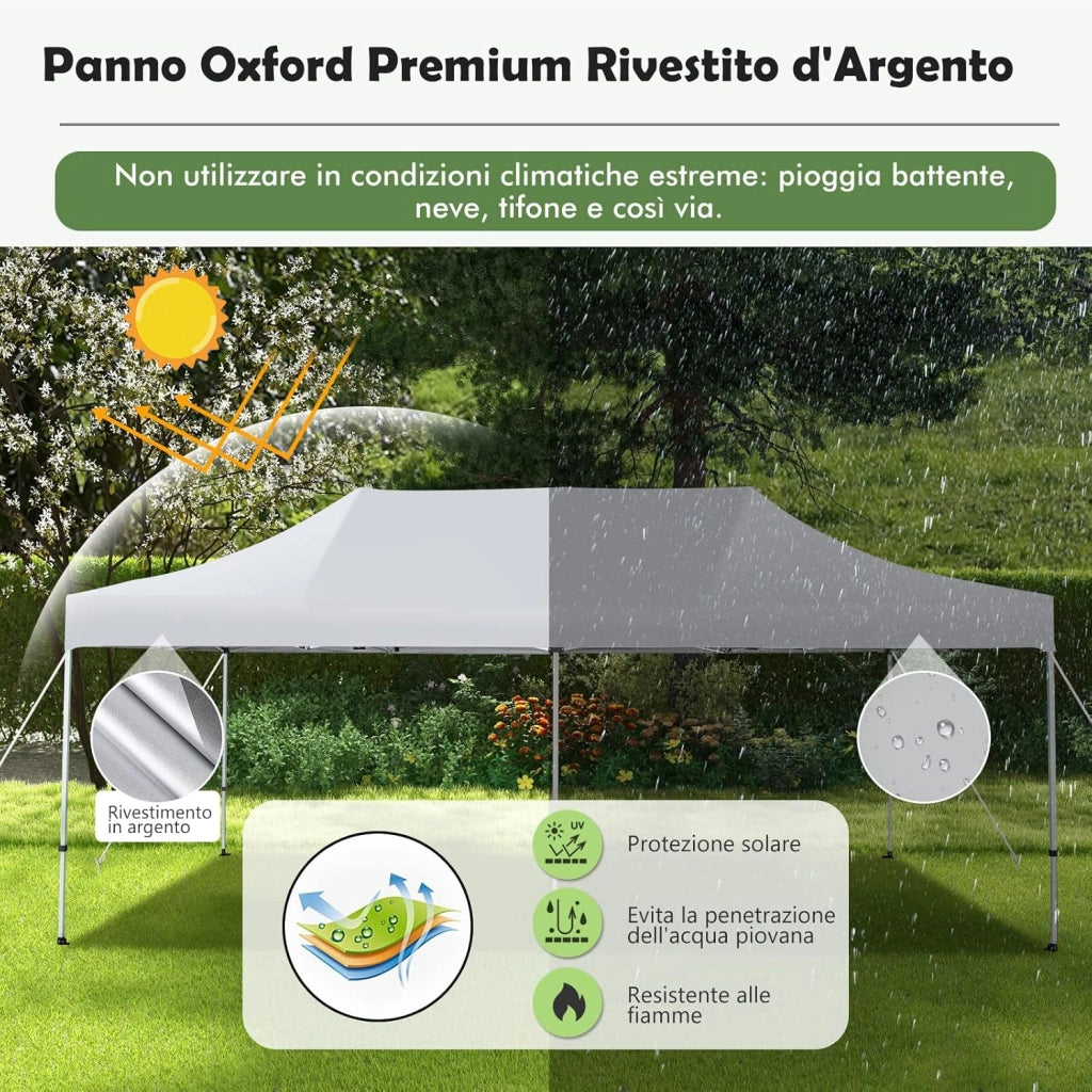 Gazebo Commerciale Regolabile e Pieghevole 6x 3M, con Ruote e Borsa Portatile, Patio Impermeabile per Matrimoni, Feste e Campeggi, Bianco
