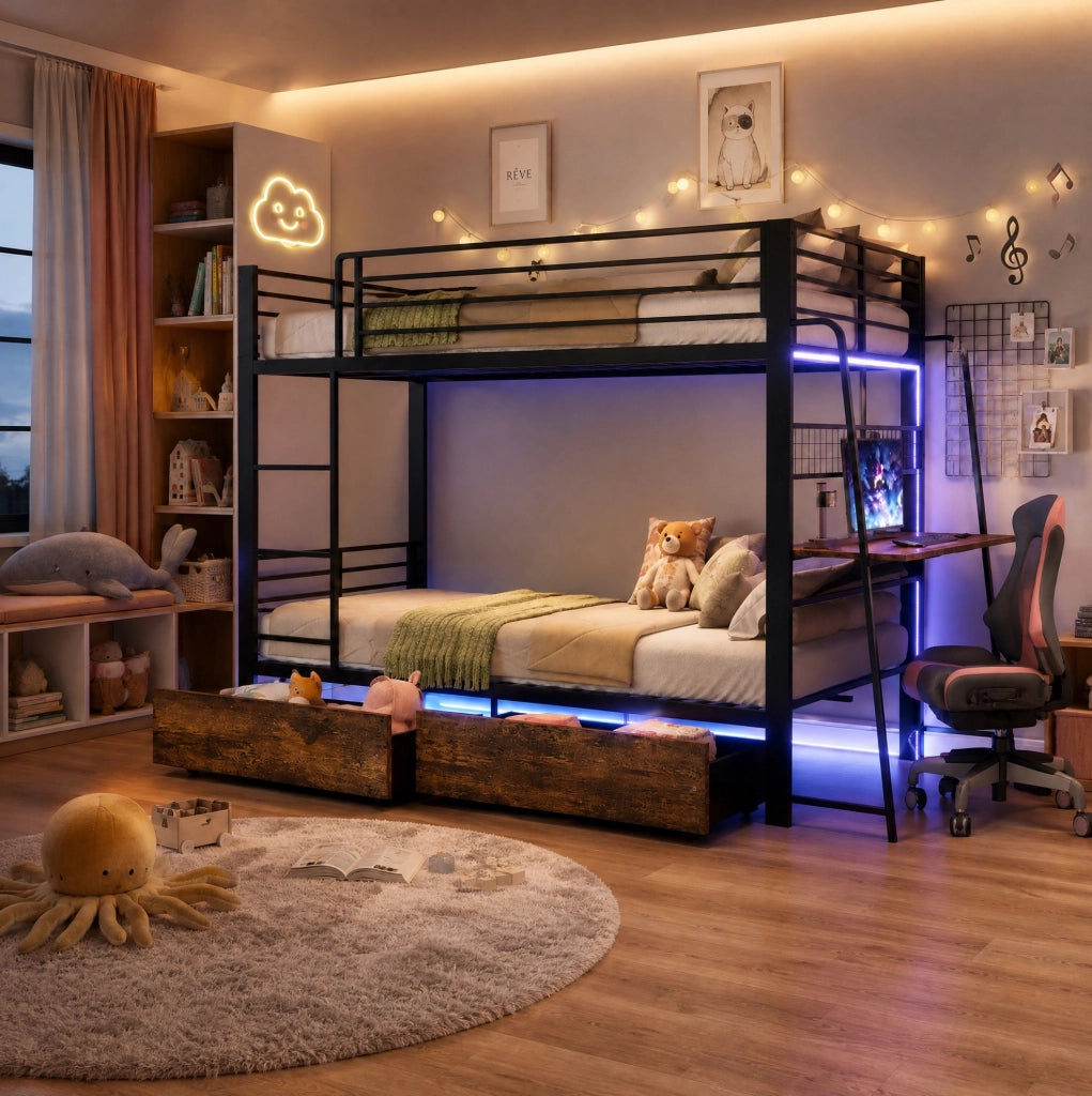 Letto a soppalco 90 x 200 cm con scrivania, LED e cassetti