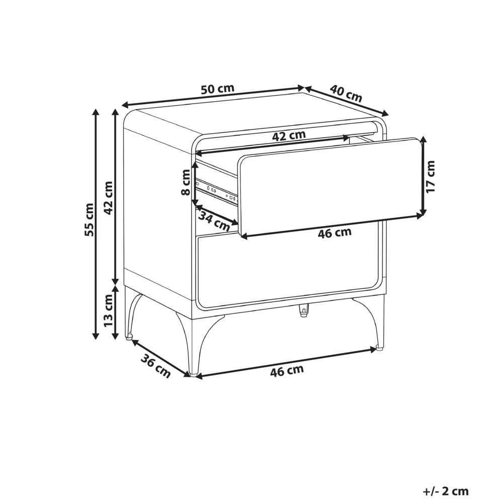 Comodino marrone scuro in MDF con 2 cassetti e gambe in ferro dal design moderno per camera da letto