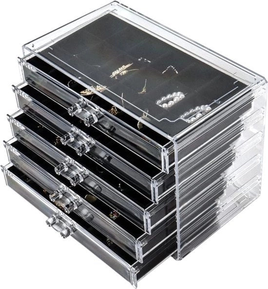 Cassa di conservazione per gioielli con 5 cassettoni, organizzatore per orecchini, anelli e gioielli, con ripostiglio per orecchini (nero)