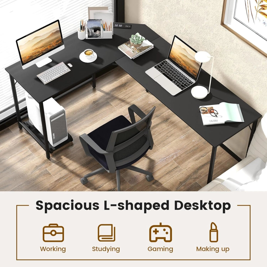 Scrivania angolare per computer, scrivania per computer a forma di L con prese di corrente, supporto per computer, scrivania con porte USB, design poco ingombrante (nero)