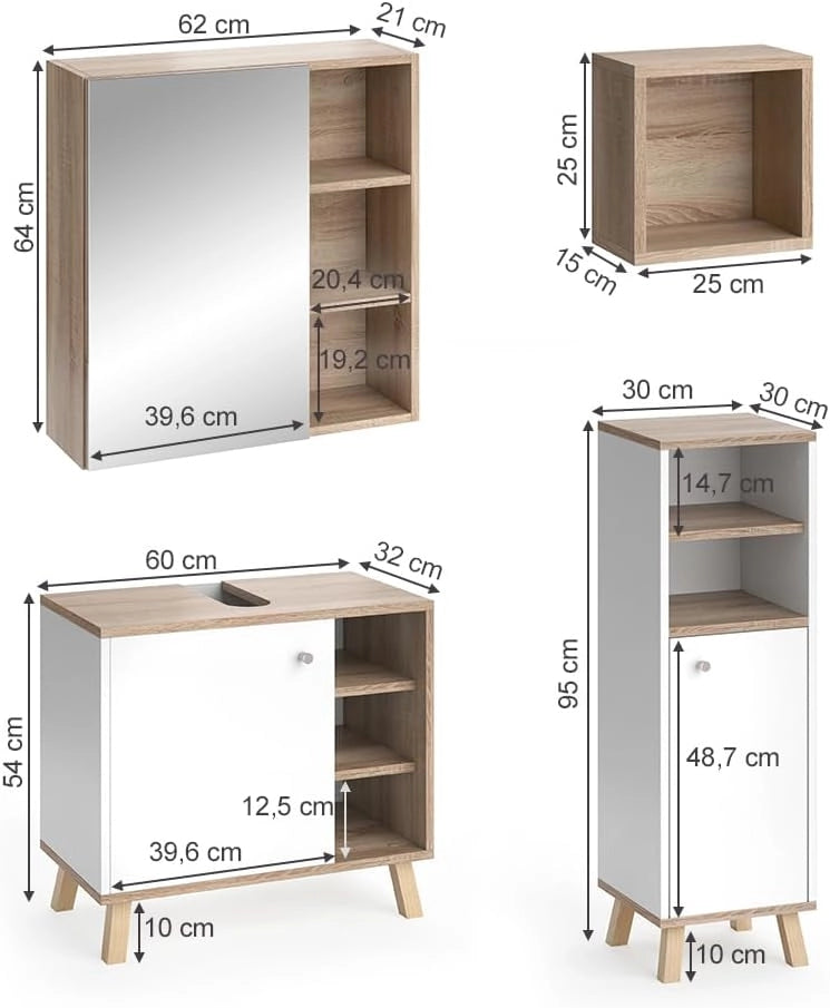 Set mobili bagno Senyo, Bianco, 62 cm, composto da armadietto a specchio, base lavabo, armadio medio e 2 scaffali bagno