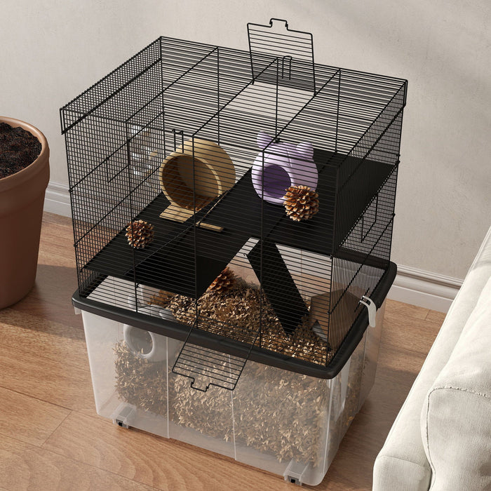 Gabbia per Criceti a 3 Piani 58x43x74 cm con Rampe e Accessori Nero