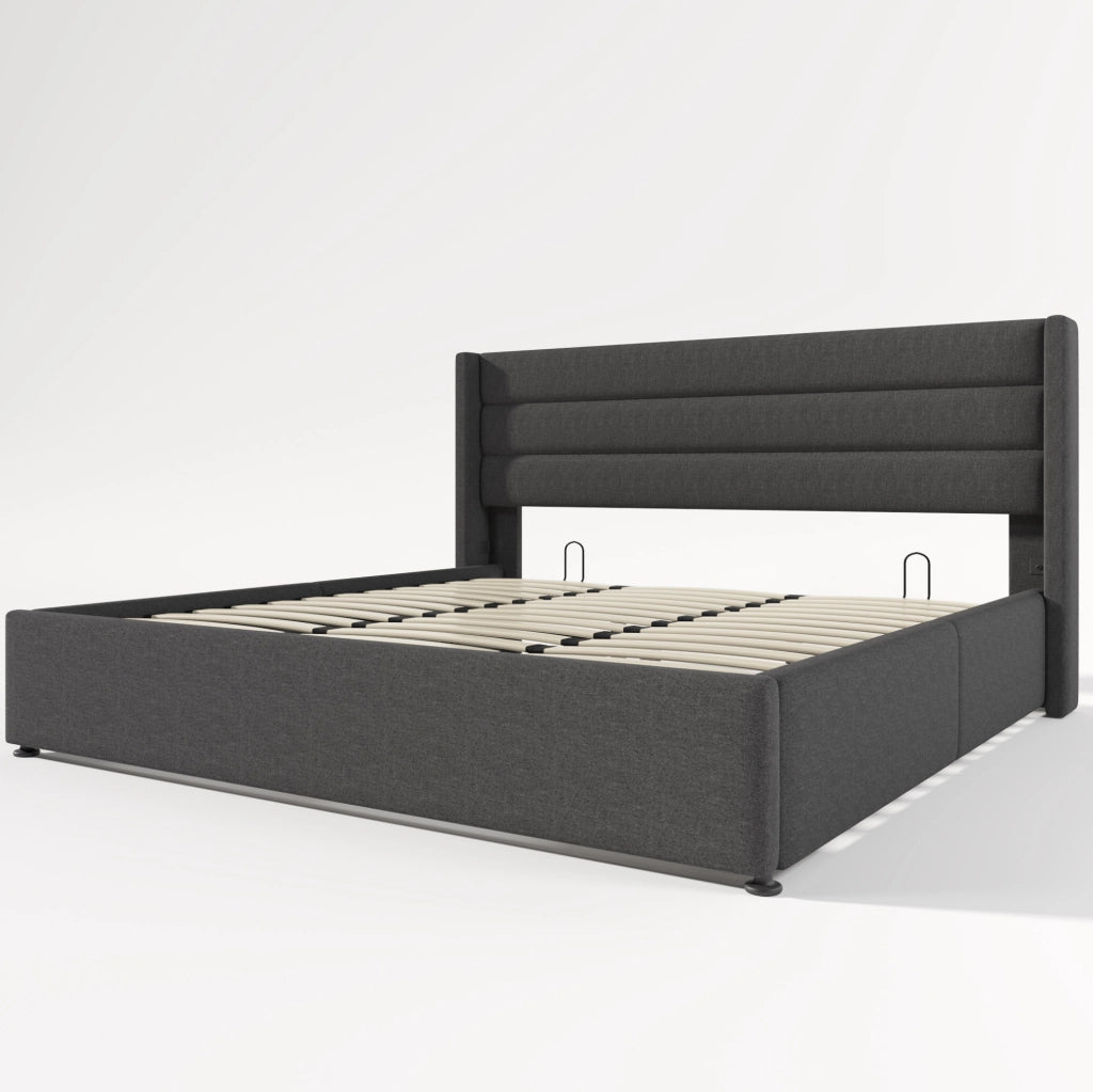 Letto matrimoniale contenitore 180x200 cm con testiera imbottita; struttura in lino grigio