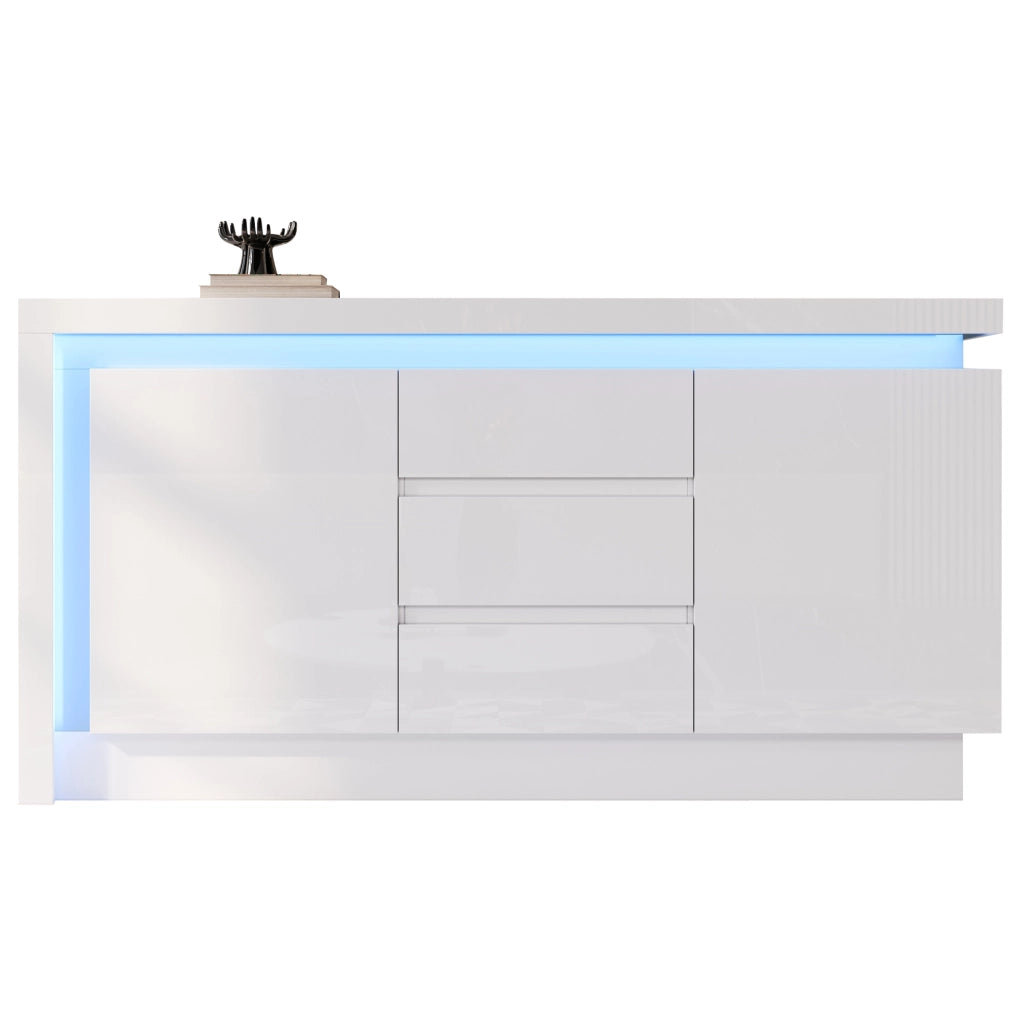 Credenza 140x35x72 cm con 3 cassetti; 2 ante e LED in truciolare bianco