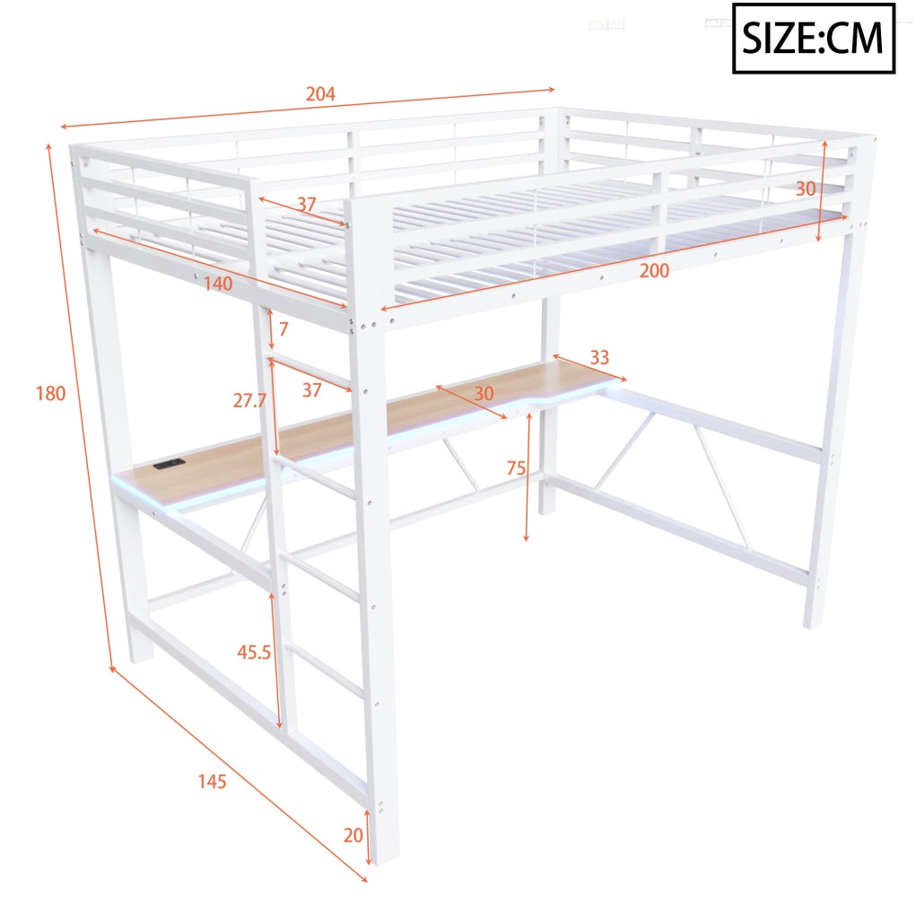 Letto a soppalco con scrivania integrata, LED e struttura in metallo