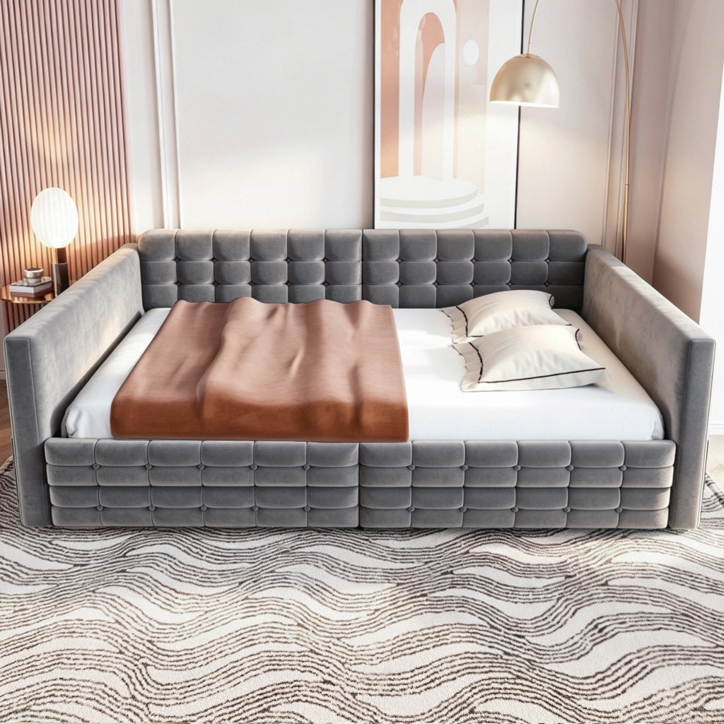 Letto imbottito contenitore 140x190, velluto grigio, testiera a quadri, 2 cassetti e tasche laterali