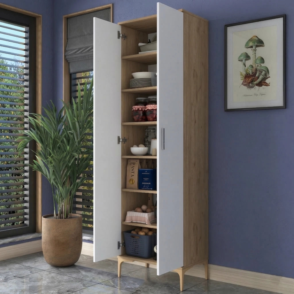 Garbagna, Armadio Multiuso 2 Ante 7 Ripiani, 60x199h cm Marrone Rovere