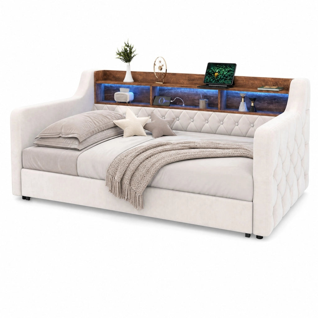 Divano letto estraibile 90x190 cm in velluto beige con LED; USB-C e contenitore