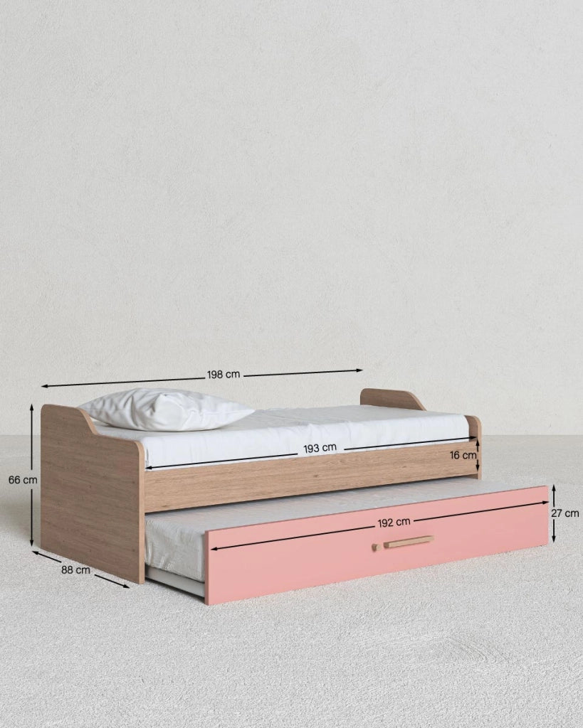 Letto attrezzato Jonny - Letto salvaspazio moderno per cameretta - Struttura virginia con il cassettone del letto rosa- Letto estraibile inferiore - Rete a doghe inclusa e materassi esclusi_