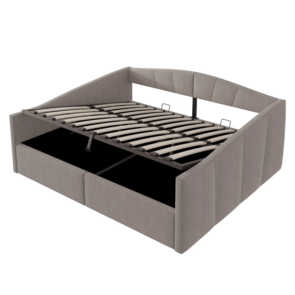 Letto imbottito / divano letto con sollevamento idraulico, contenitore salvaspazio, rete a doghe, tessuto in velluto grigio, 140x200 cm