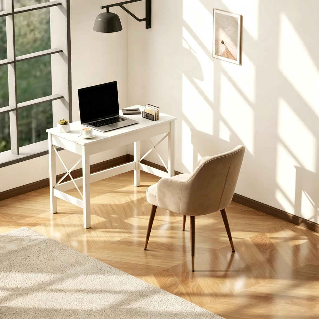 Scrivania moderna con piano ampio e struttura laterale rinforzata a X, per ufficio e studio, bianco, 105 × 50 × 76 cm