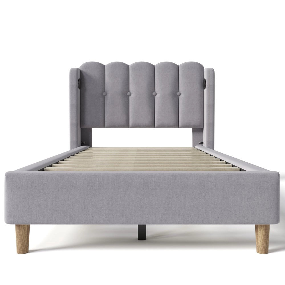 Letto Singolo Imbottito con Rete a Doghe e USB ¨C MINIMAL ¨C Grigio, Tessuto Lino, 90x200