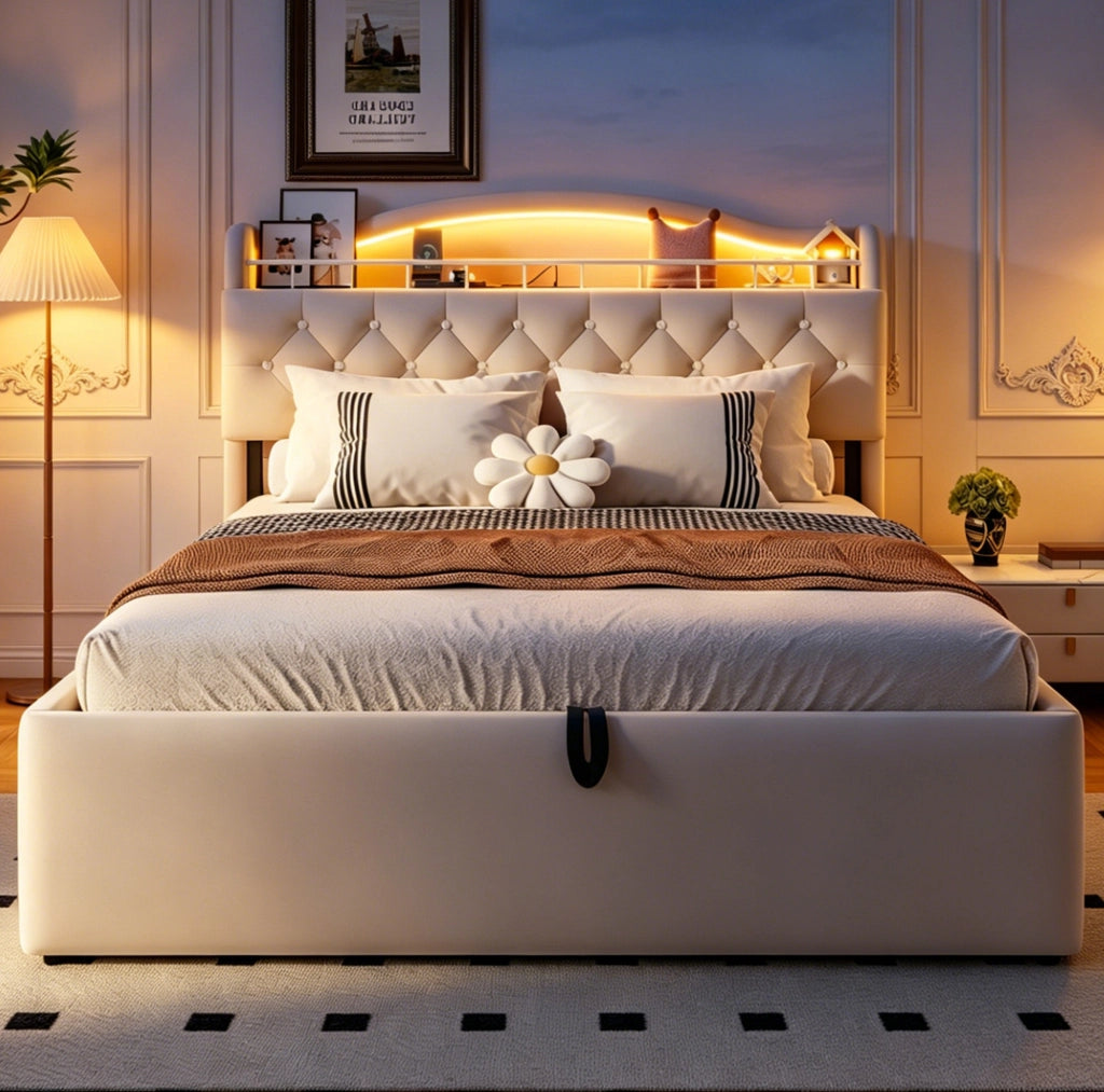 Letto imbottito 140x200 cm con contenitore idraulico; ricarica USB e USB-C; beige