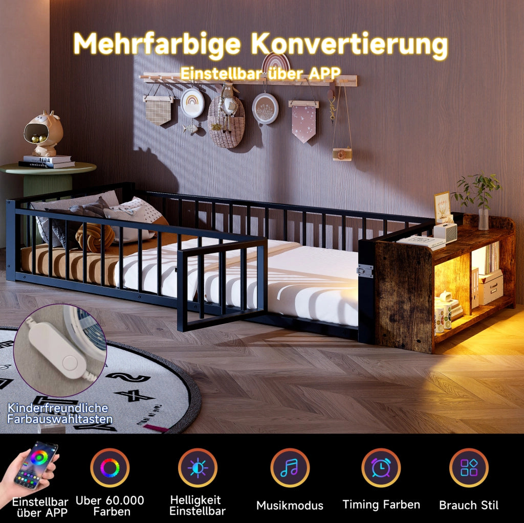 Letto singolo per bambini 90x200 cm con LED e vano, nero