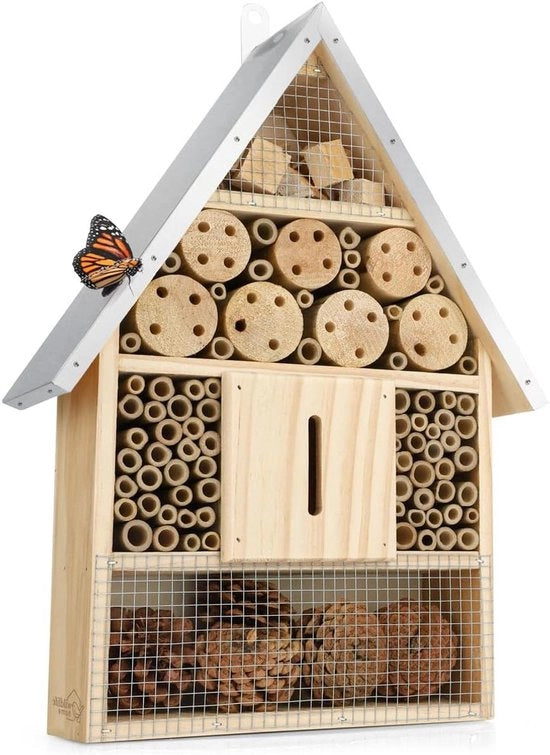 Insectenhotel naturale resistenti al tempo, realizzato in legno naturale - per api, api selvatiche, farfalle e farfalle comuni - aiuto per la nidificazione da appendere